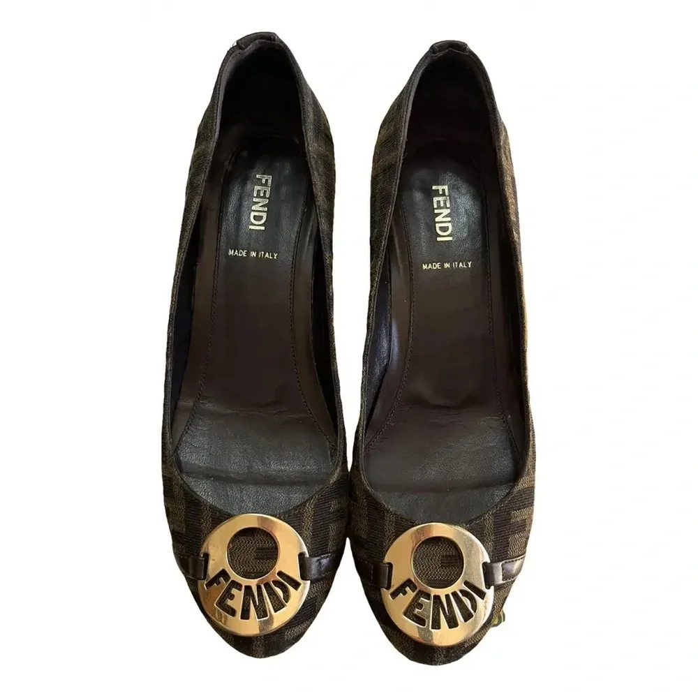 Fendi Zucca Print with big metal FF logo wedge size 36 1/2 / 6 1/2 with flaws